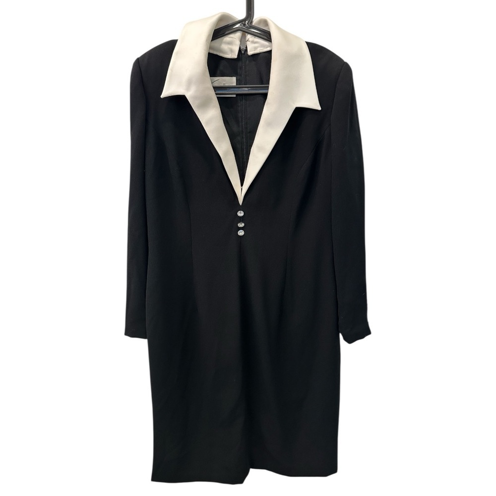 Vintage Travilla Black & White Tuxedo Midi Dress | Removable Collar | L/XL 12/14